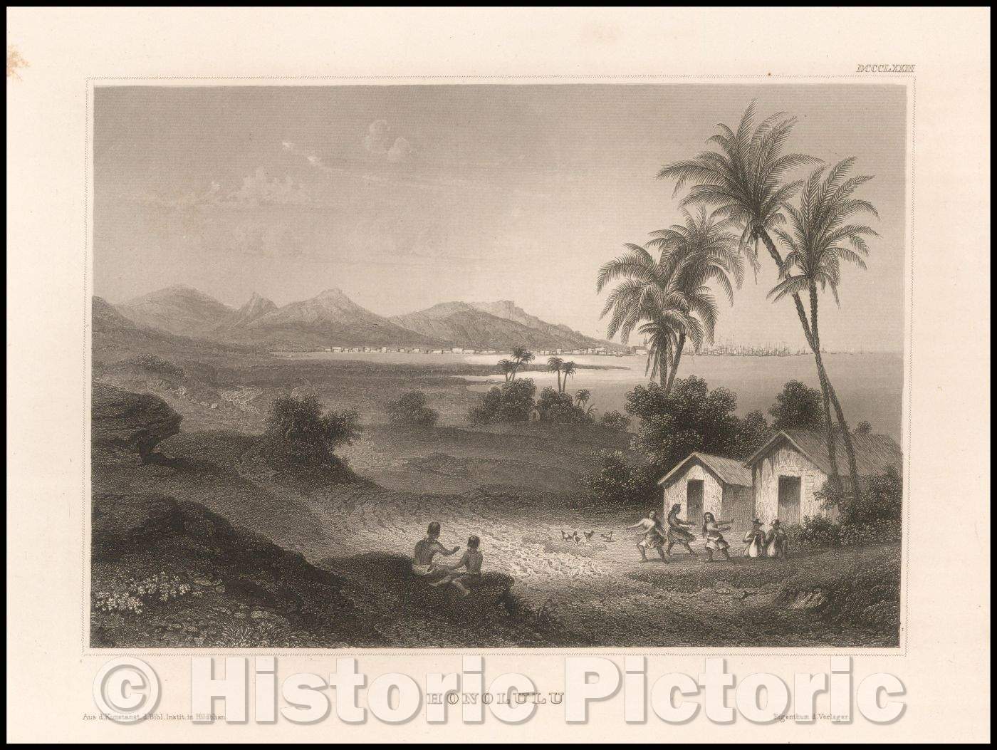 Historic Map - Honolulu, 1850, Hildberghausen Geographische Inst. - Vintage Wall Art