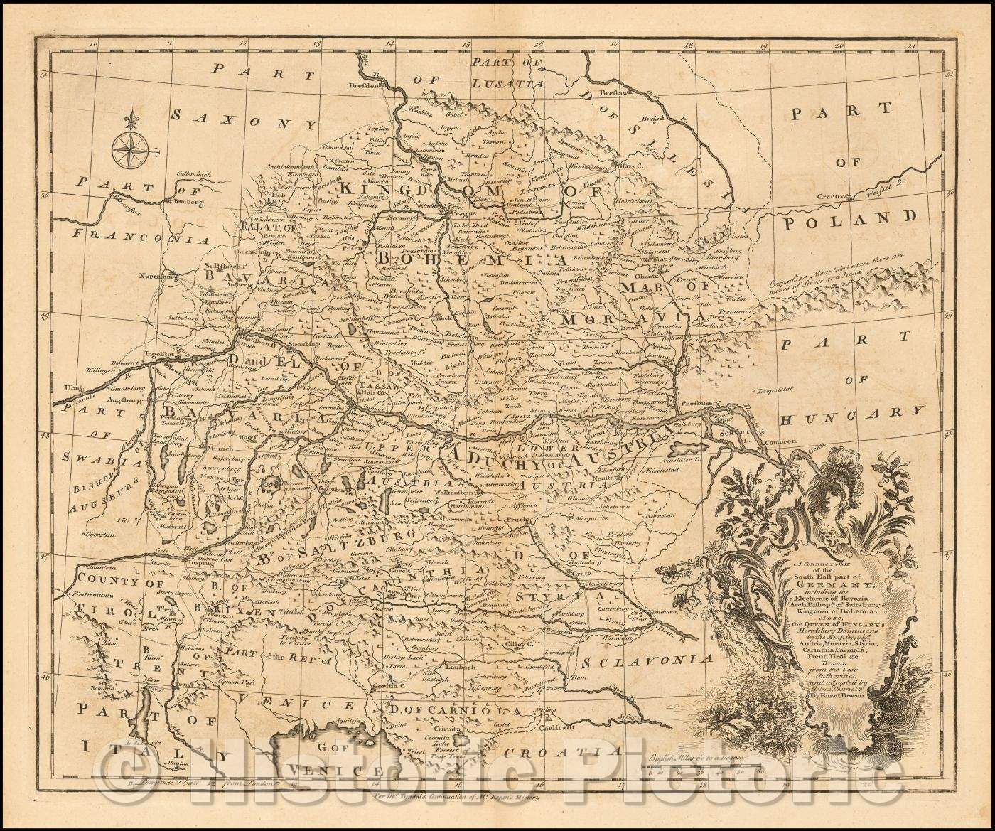 Historic Map - A Correct Map of the South East part of Germany, including the Electorate of Bavaria, ArchBishopk. Of Saltzburg & Kingdom of Bohemia, 1747 - Vintage Wall Art