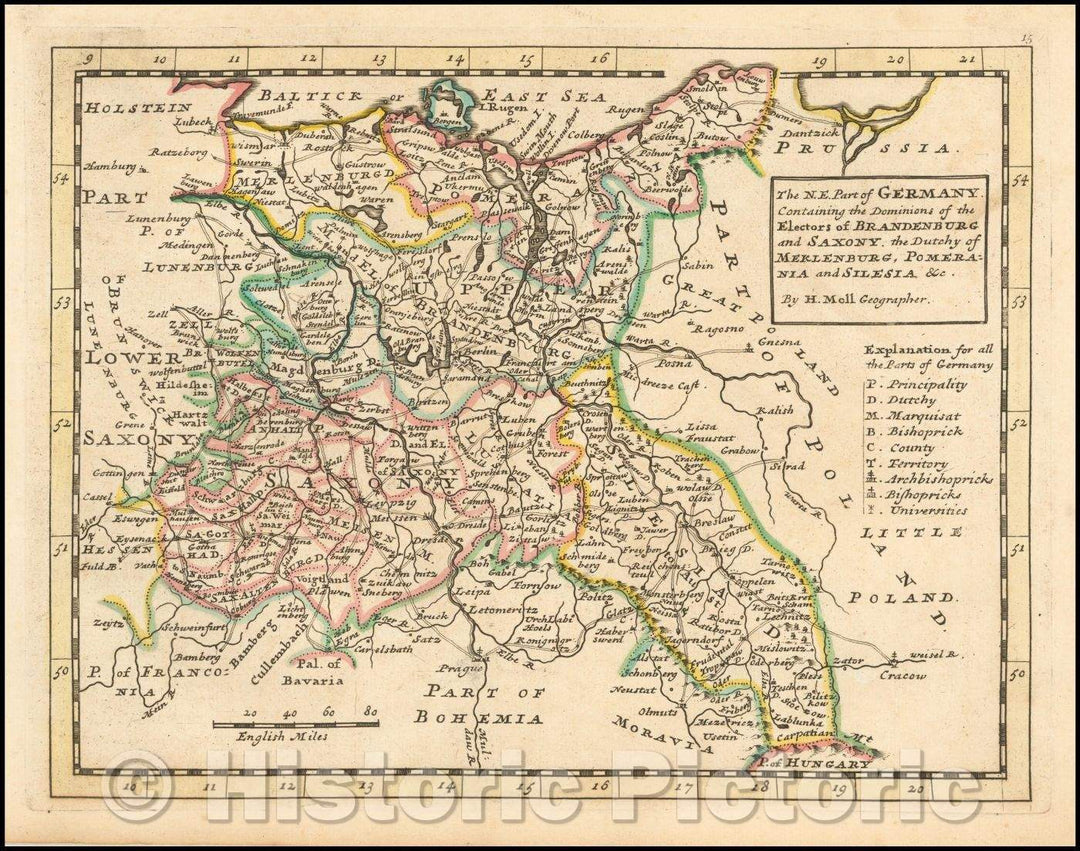 Historic Map - The N.E. Part of Germany Containing the Dominions of the Electors of Brandenburg and Saxony, the Dutchy of Meklenburg, Pomerania and Silesia, - Vintage Wall Art