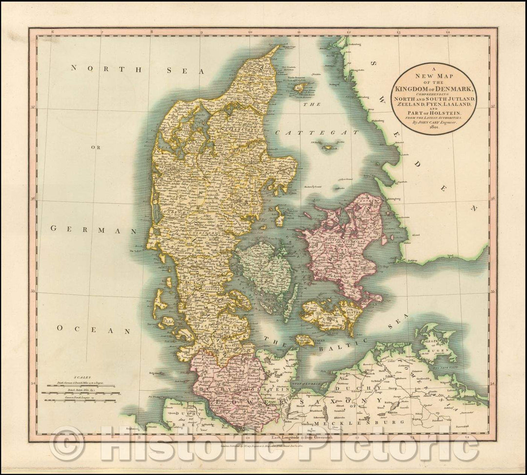 Historic Map - A New Map of the Kingdom of Denmark, Comprehending North and South Jutland, Zeeland, Fyen, Laaland and part of Holstein, 1801, John Cary - Vintage Wall Art