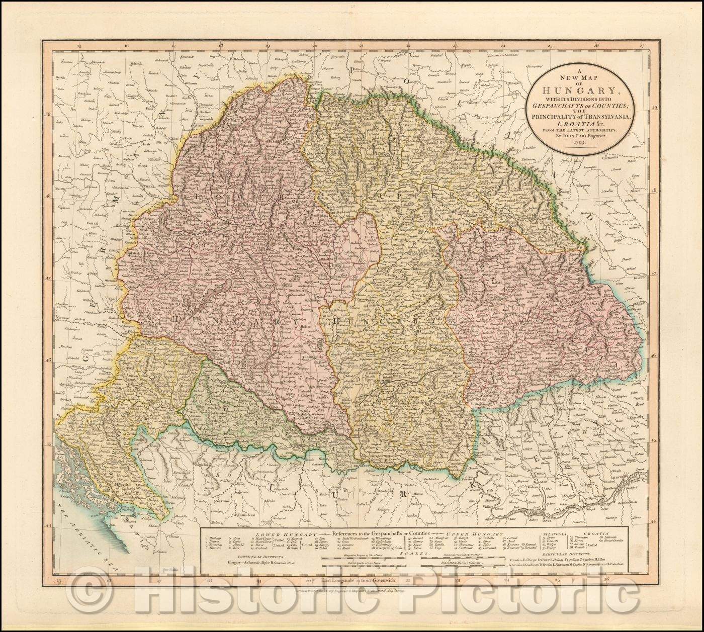 Historic Map - Hungary with its Divisions into Gespanchafts or Counties: The Principality of Transylvania, Croatia &c, 1799, John Cary - Vintage Wall Art