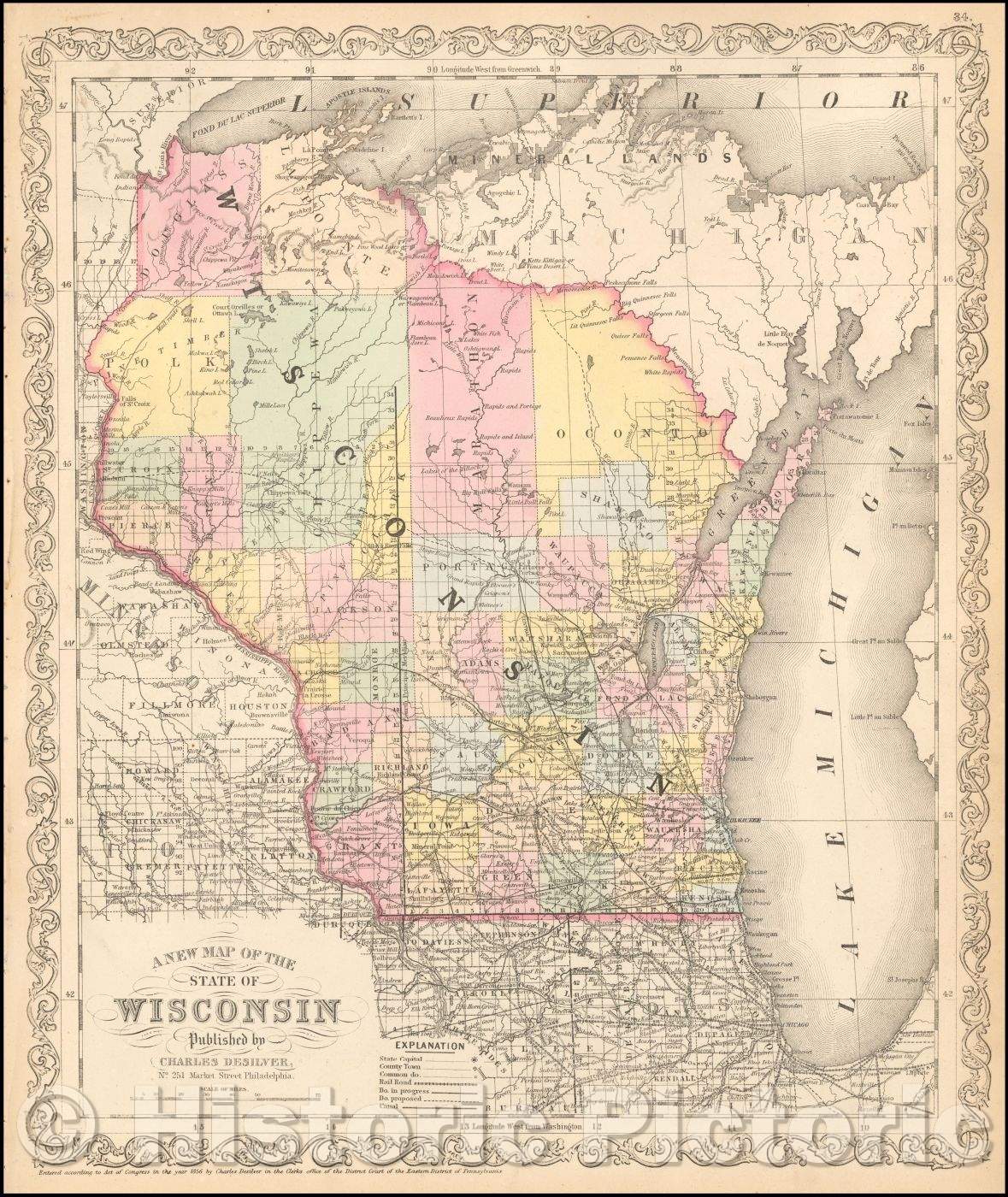 Historic Map - The State of Wisconsin, 1857, Charles Desilver - Vintage Wall Art