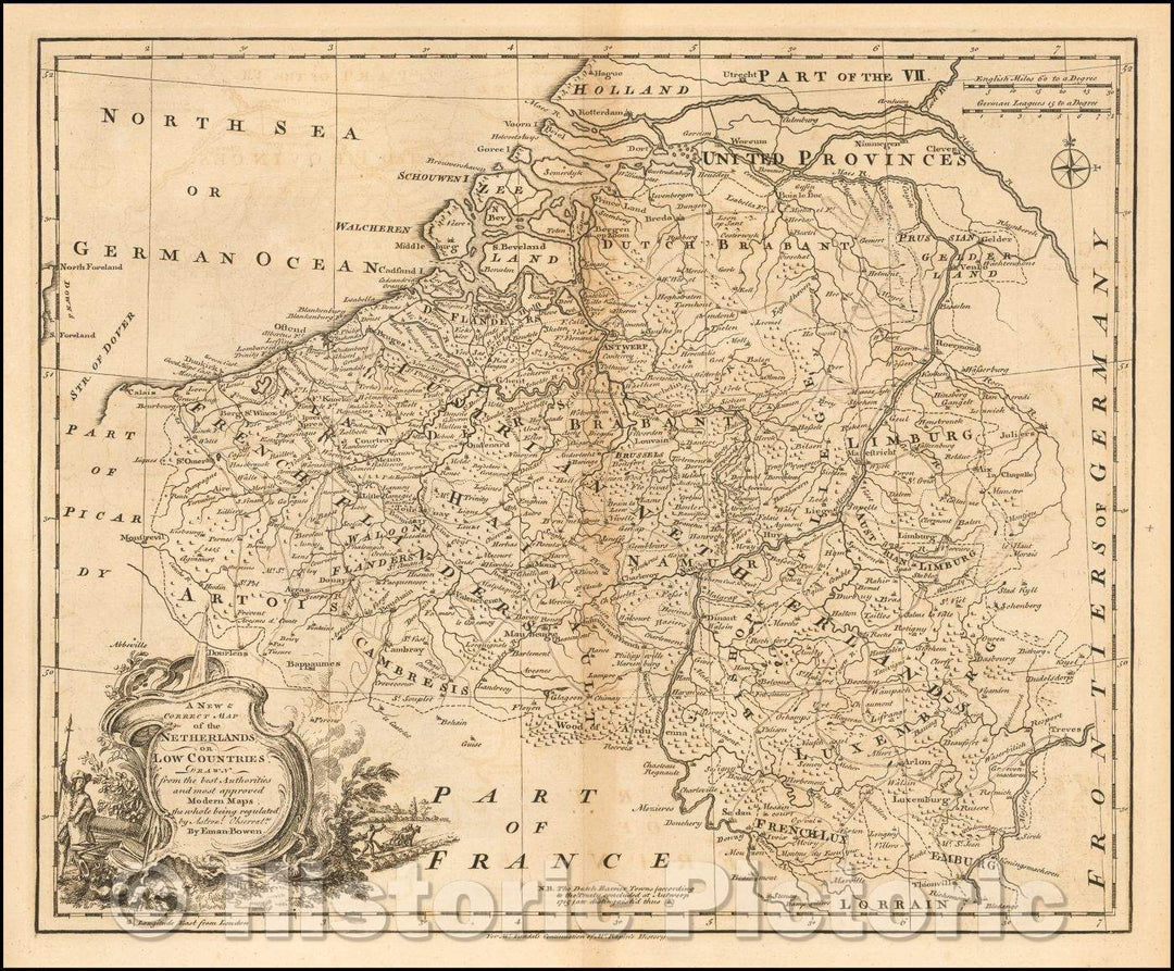 Historic Map - A New & Correct Map of the Netherlands or Low Countries, 1740, Emanuel Bowen - Vintage Wall Art