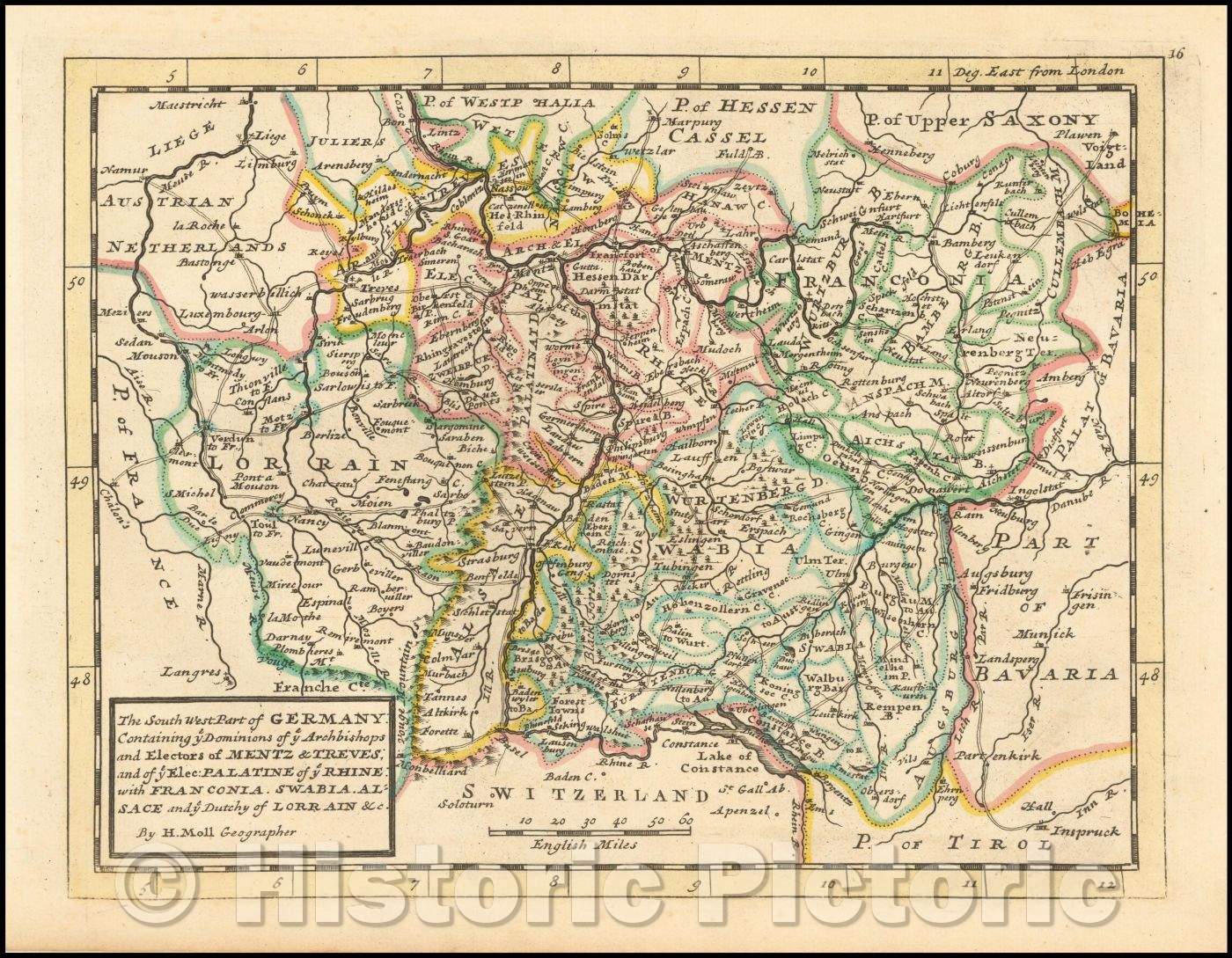 Historic Map - The South West Part of Germany. Palatine of ye Rhine, 1729 - Vintage Wall Art