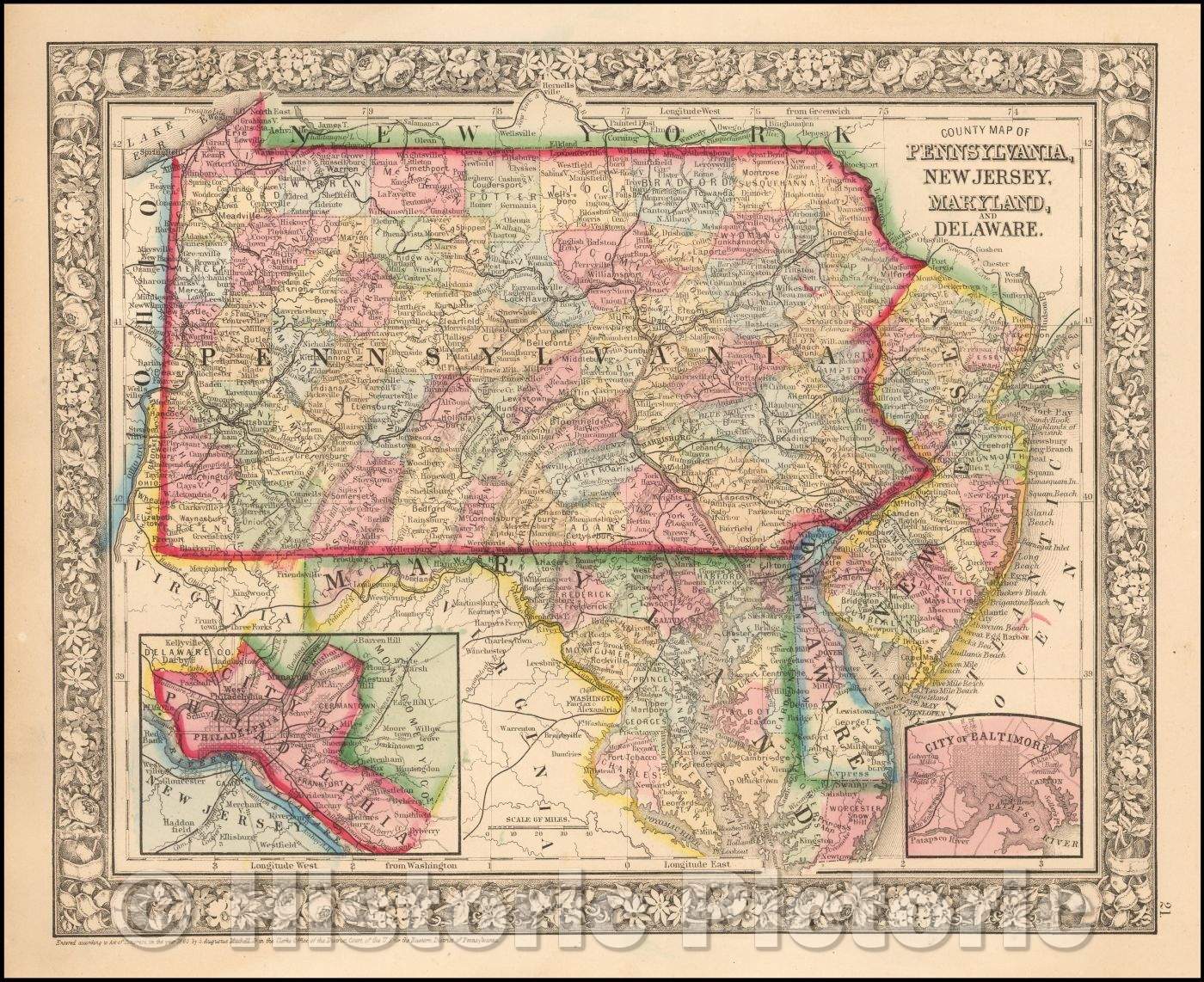 Historic Map - County Map of Pennsylvania, New Jersey, Maryland, and Delaware (Inset - Baltimore and Philadelphia), 1865, Samuel Augustus Mitchell Jr. - Vintage Wall Art