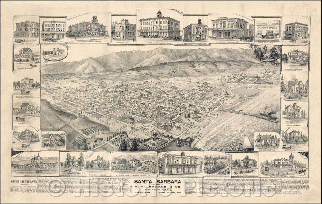 Historic Map - Santa Barbara. Compliments of S.W. Backus & Co, Real Estate Agents, Hawley Block, Santa Barbara, Cal, 1877, W. W. Elliott - Vintage Wall Art