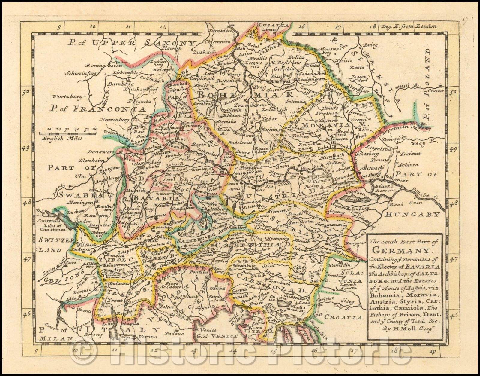 Historic Map - The South East Part of Germany. Containing ye Dominions of the Electors of Bavaria, The Archbishop of Saltzburg, 1729, Herman Moll - Vintage Wall Art