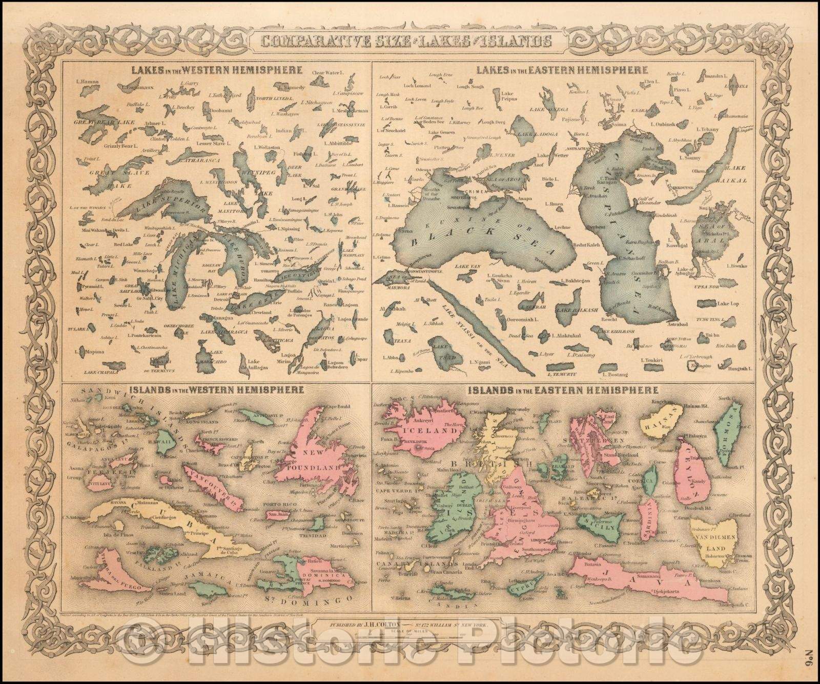 Historic Map - Comparative Size of Lakes and Islands [Great Lakes, Cuba, Formosa, Ireland, Sicily, Cyprus, Vancouver, Sandwich Islands, Puerto Rico, Corsica, 1857 v2