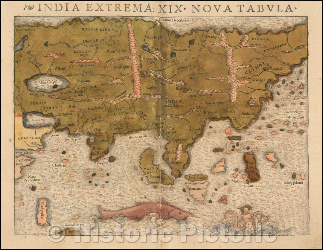 Historic Map - India Extrema XIX Nova Tabula (1st Printed Map of Asia - Old Color!), 1540, Sebastian M?nster v1