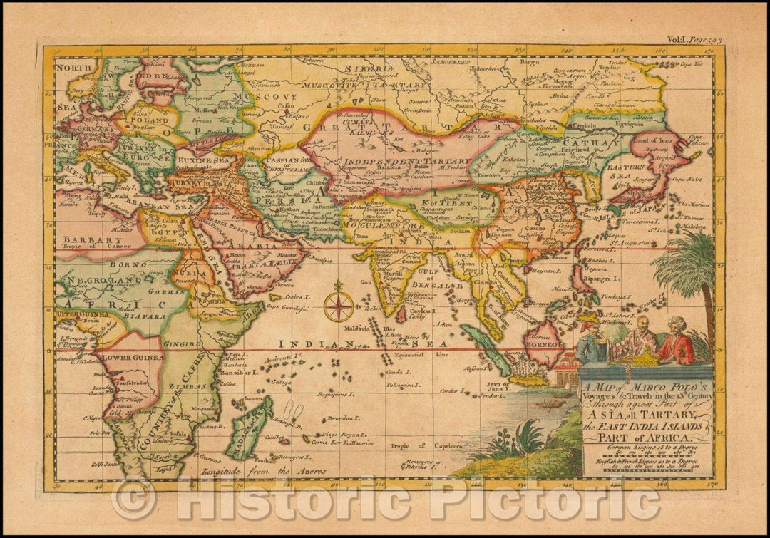 Historic Map - A of Marco Polo's Voyages & Travels in the 13th Century through a great Part of Asia, all Tartary, the East India Islands & Part of Africa, 1744 - Vintage Wall Art