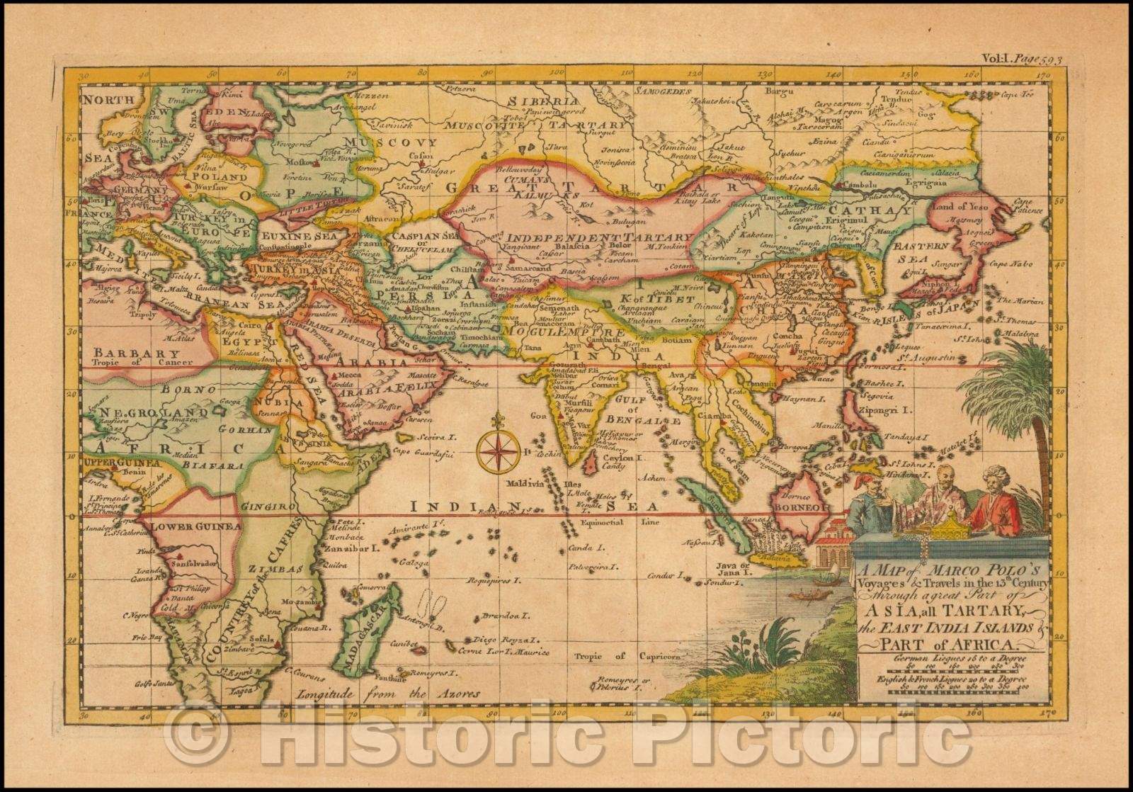 Historic Map - A of Marco Polo's Voyages & Travels in the 13th Century through a great Part of Asia, all Tartary, the East India Islands & Part of Africa, 1744 - Vintage Wall Art