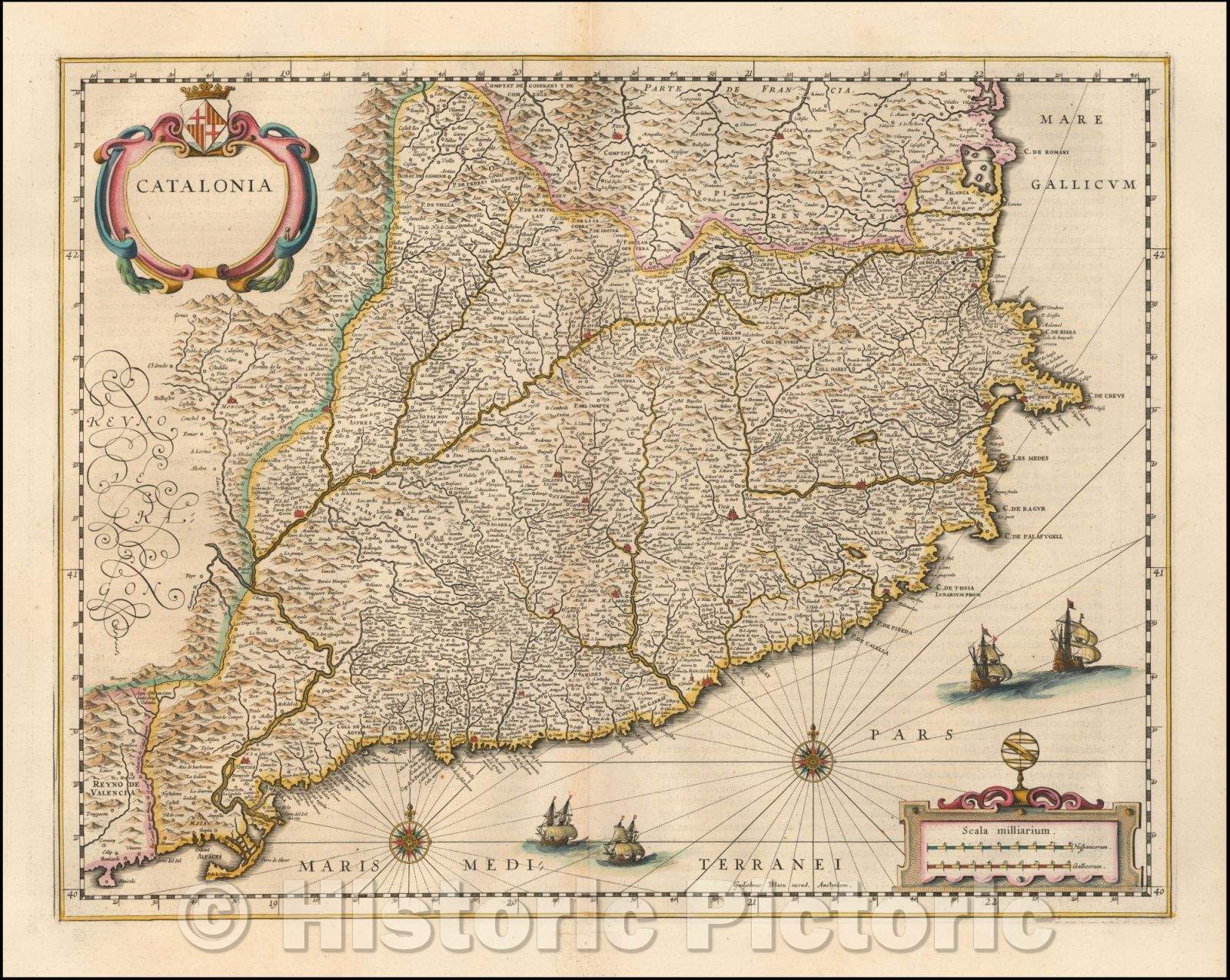 Historic Map - Catalonia, 1635, Willem Janszoon Blaeu - Vintage Wall Art