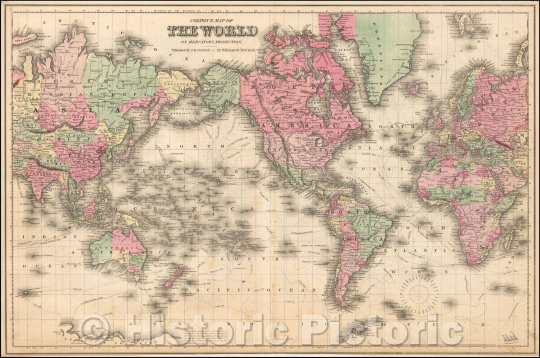 Historic Map - Colton's Map of the World on Mercator's Projection, 1865, Joseph Hutchins Colton - Vintage Wall Art