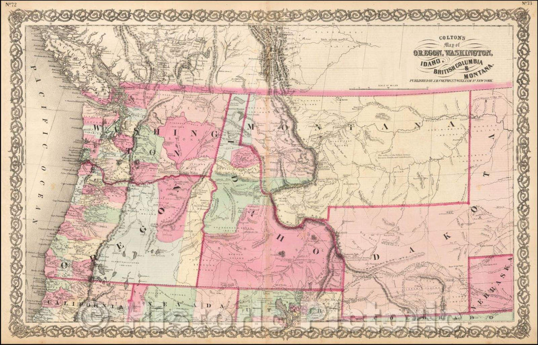 Historic Map - Colton's Map of Oregon, Washington, Idaho, British Columbia & Montana, 1865, Joseph Hutchins Colton - Vintage Wall Art