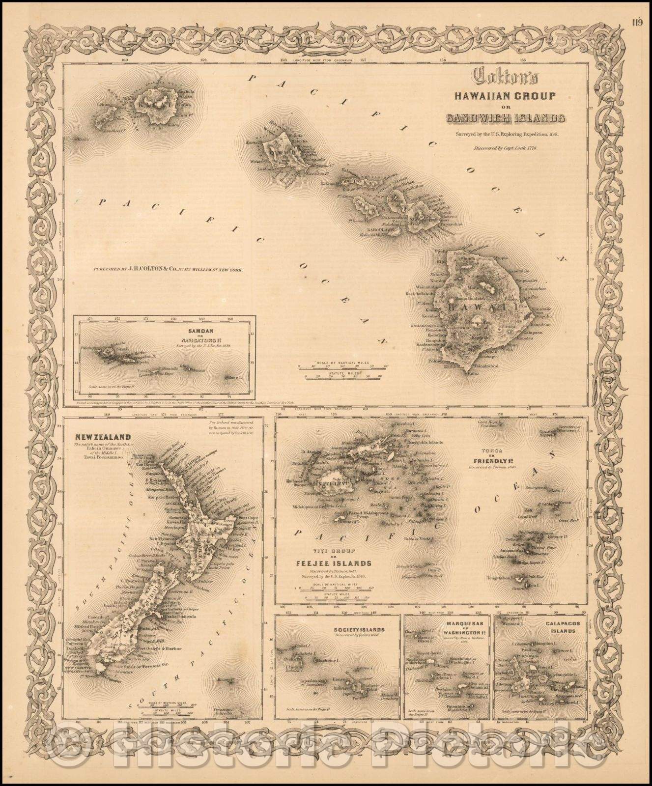 Historic Map - Hawaiian Group or Sandwich Islands [with] New Zealand [and] Feejee Group, Society Island, Marquesas and Galapagos Islands, 1865 - Vintage Wall Art