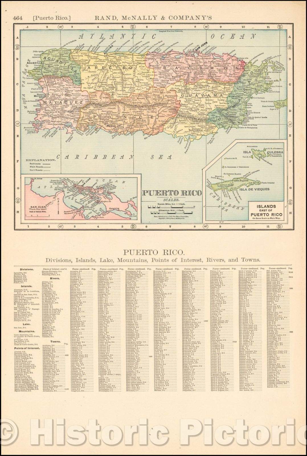 Historic Map - Puerto Rico, 1898, Rand McNally & Company - Vintage Wall Art