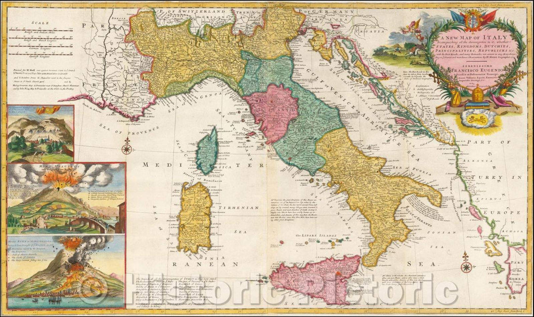 Historic Map - Italy, Distinguishing all the Sovereignties in it, whether States, Kingdoms, Dutchies, Principalities, Republicks With the Post Road, 1730 v3