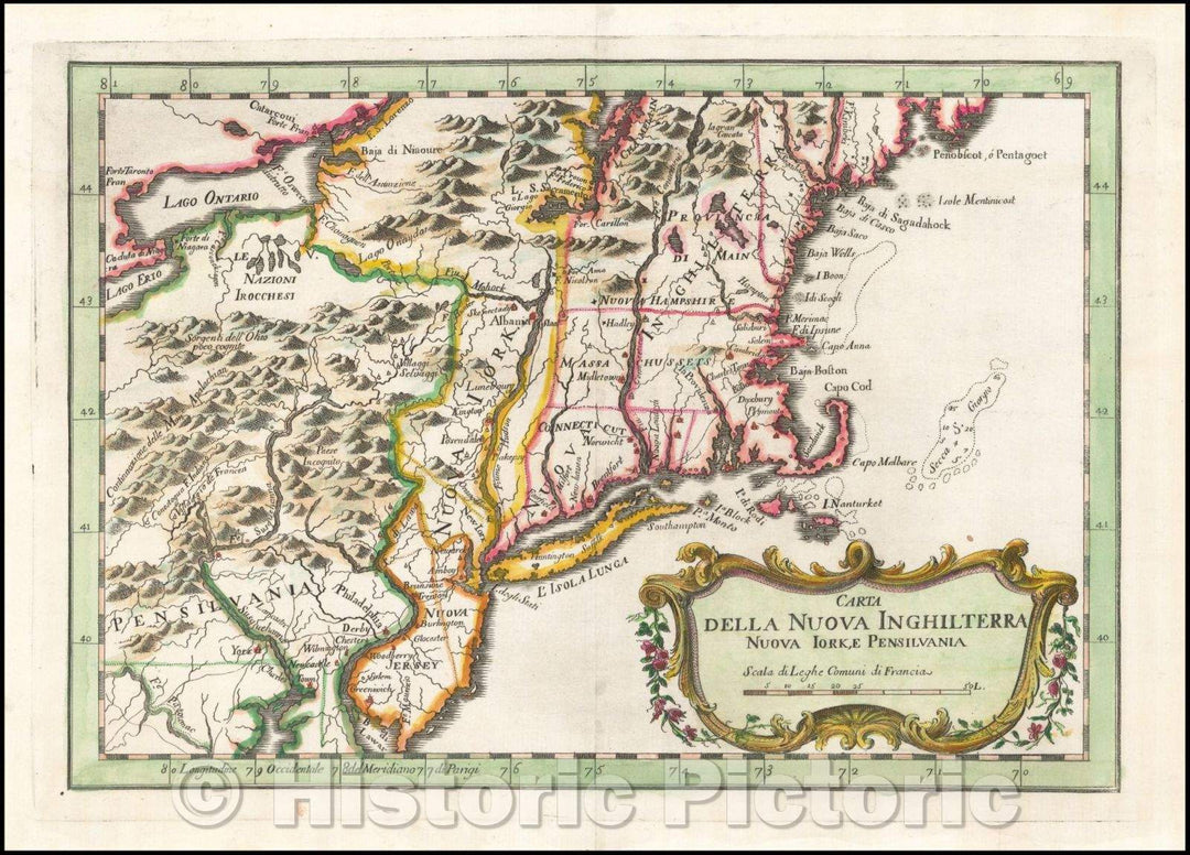 Historic Map - Carta Della Nuova Inghilterra Nuova Yorc, E Pensilvania/Italian edition of Bellin's Map of the Northeast and New England Region, 1781 - Vintage Wall Art