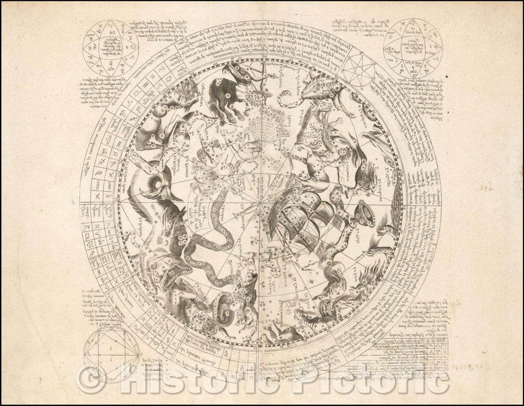 Historic Map - Celestial Chart of Southern Hemisphere with Horoscope and Astrological Information, Printed in Mirror Image, 1651, Antoine De Fer - Vintage Wall Art