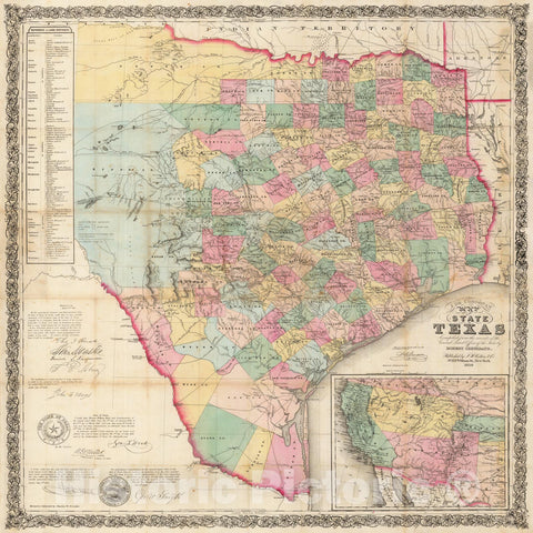 Historic Map - J. De Cordova's Map of the State of Texas, 1858, Jacob De Cordova - Vintage Wall Art