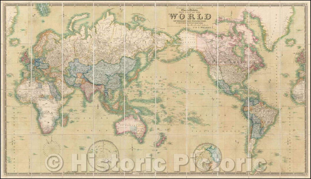 Historic Map - This Map of the World on Mercator's Projection, 1848, J & C Walker - Vintage Wall Art