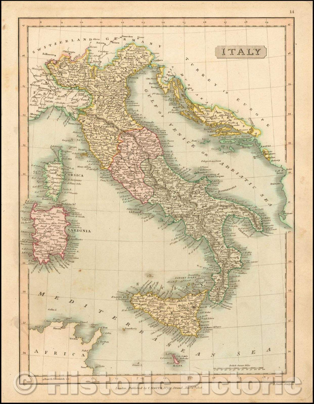 Historic Map - Italy [Includes Sicily, Malta, Corsica and Sardinia], 1809, Charles Smith - Vintage Wall Art