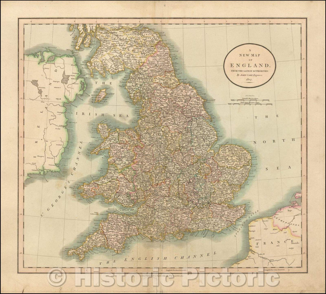 Historic Map - England, from the Latest Authorities, 1807, John Cary - Vintage Wall Art