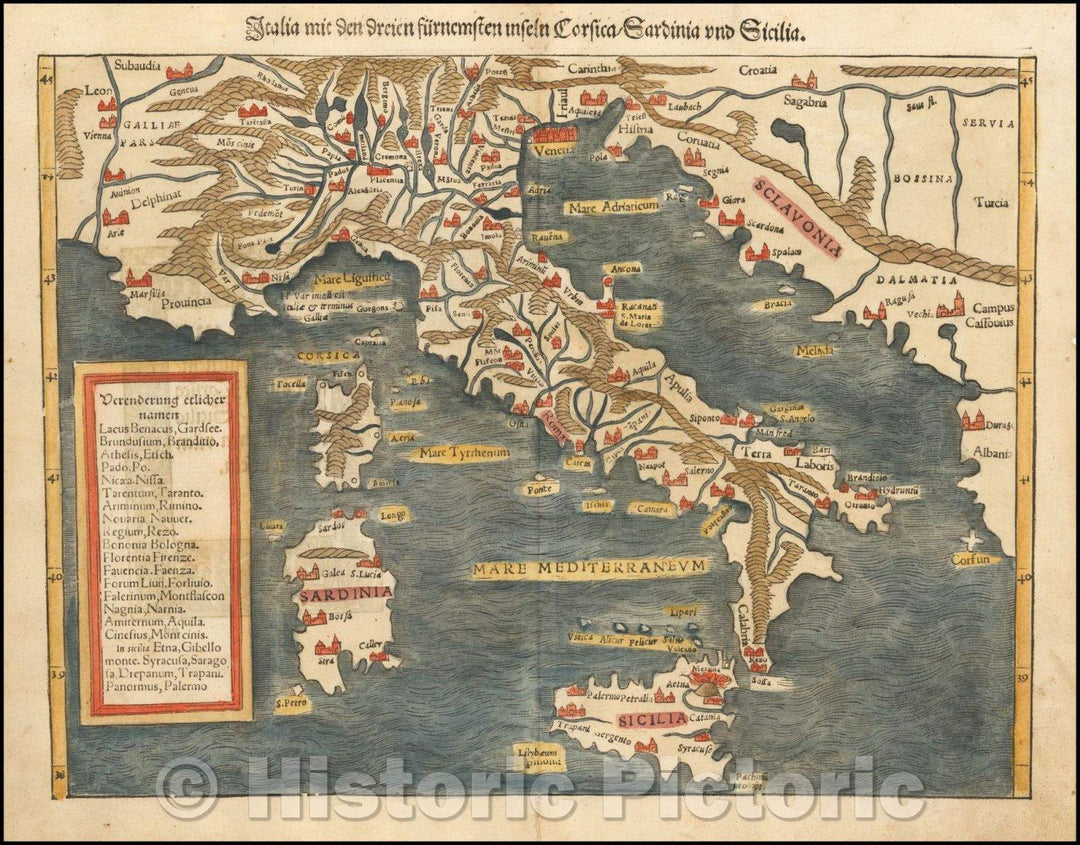 Historic Map - Italia Mit Den Dreyen Furnempften Inseln, Corsica, Sardinia, und Sicilia, 1544, Sebastian M?nster - Vintage Wall Art