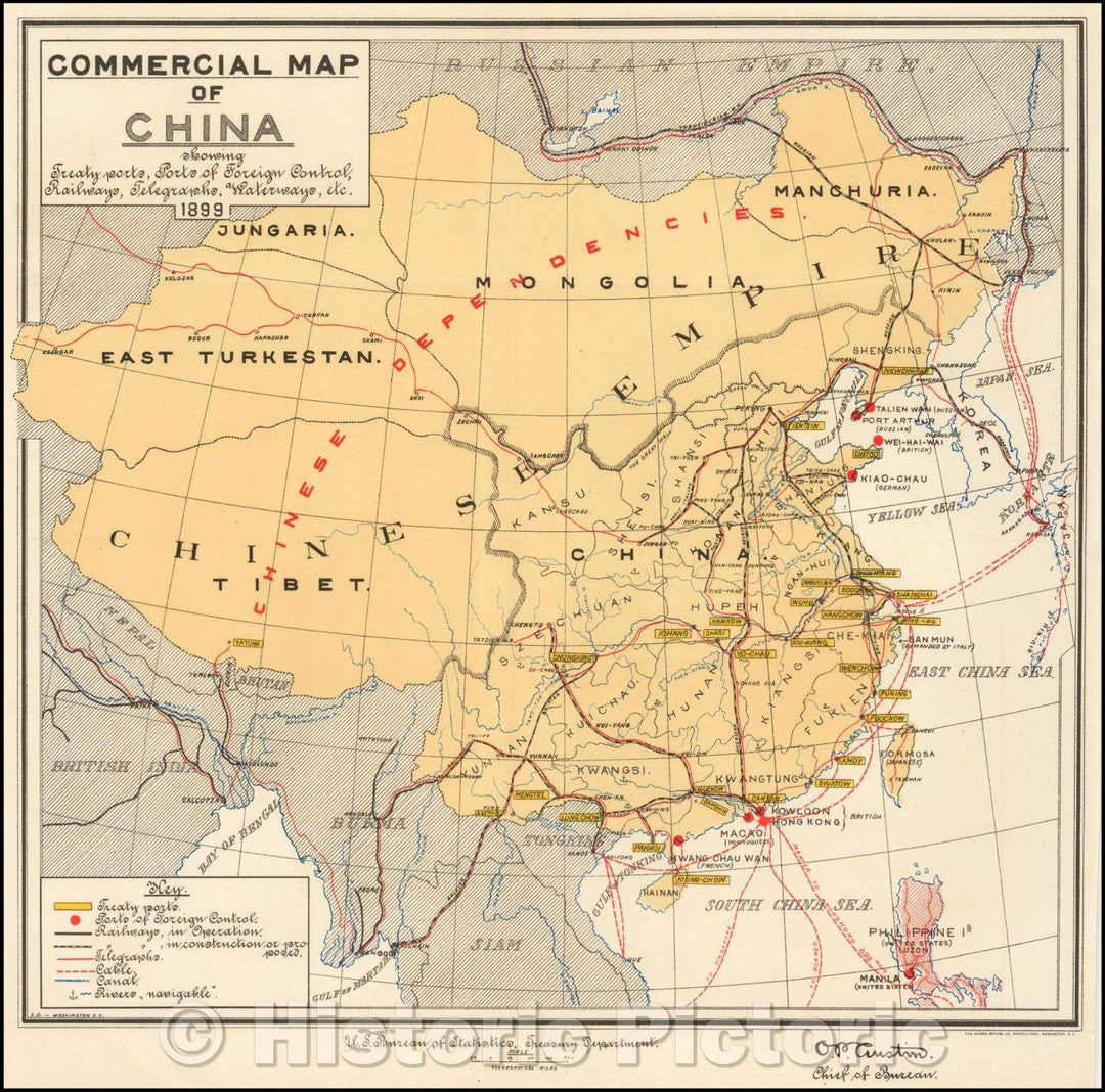 Historic Map - Commercial Map of China showing Treaty ports, Port of Foreign Control, Railways, Telegraphs and Waterways, etc, 1899, Norris Peters Co. - Vintage Wall Art