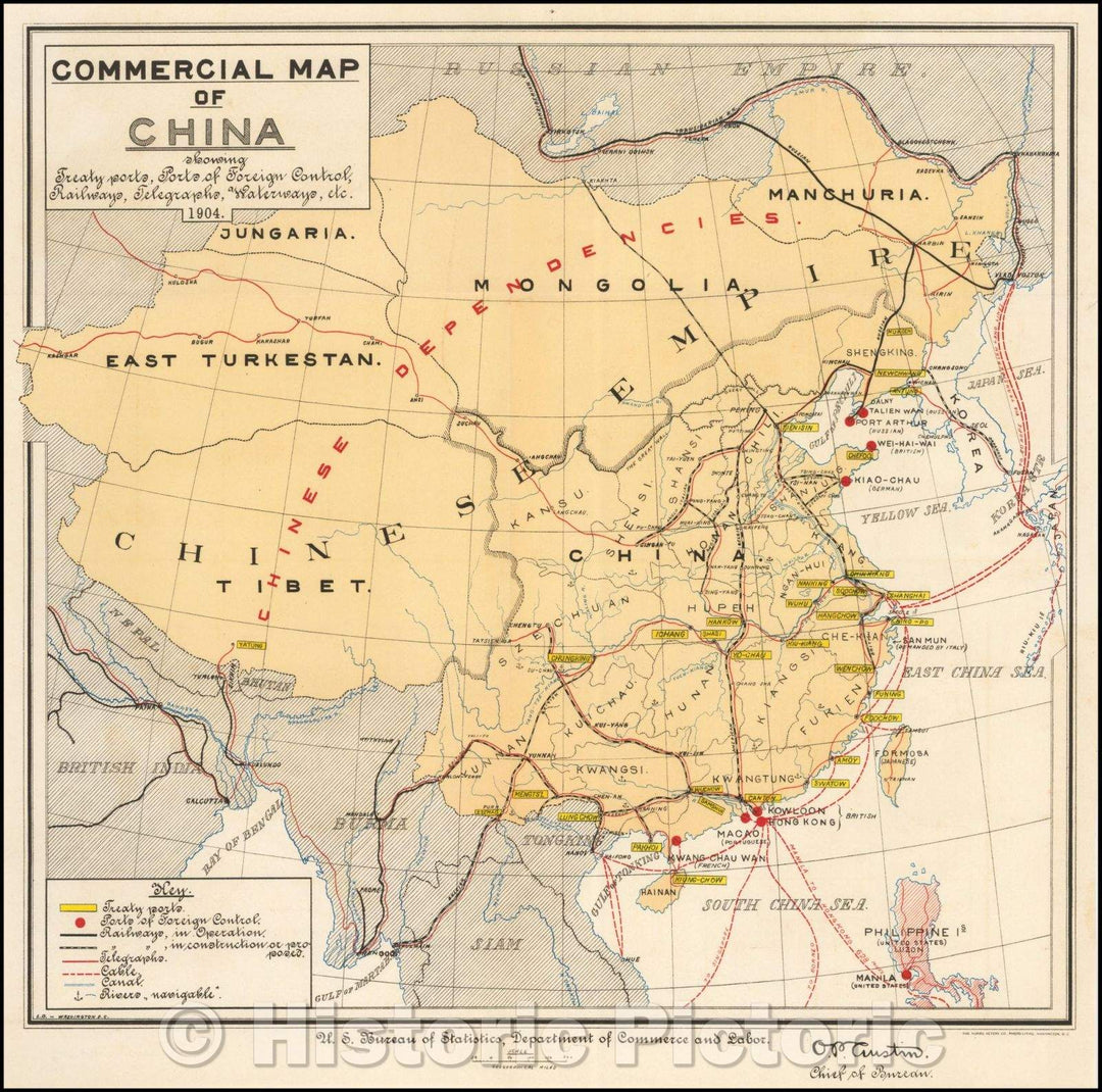 Historic Map - Commercial Map of China showing Treaty ports, Port of Foreign Control, Railways, Telegraphs and Waterways, etc, 1904, Norris Peters Co. - Vintage Wall Art