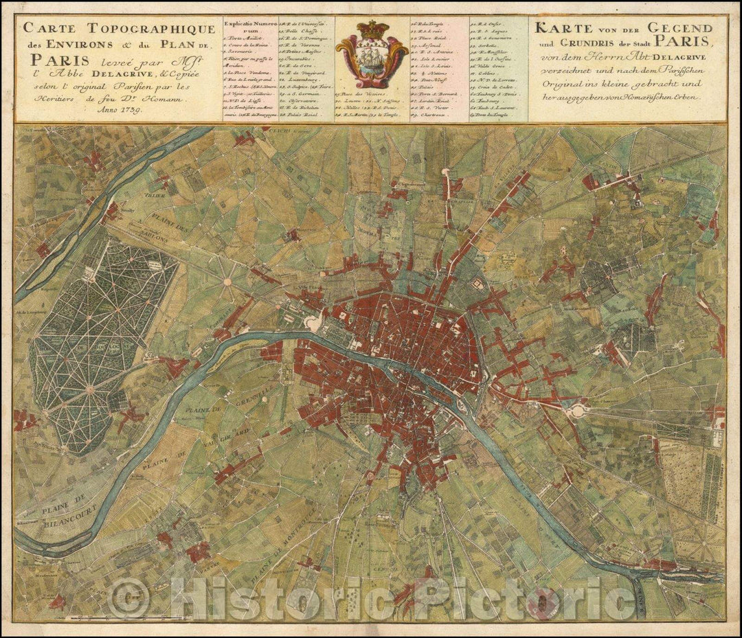 Historic Map - Carte Topographique des Environs & du Plan de Paris levee par Mr. l'Abee Delarive, 1739, Homann Heirs - Vintage Wall Art