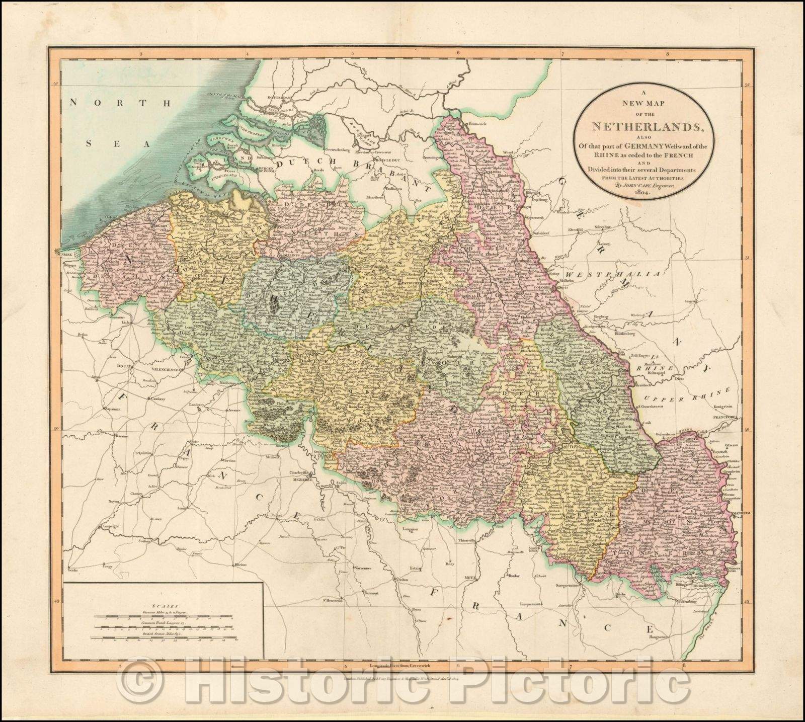 Historic Map - The Netherlands, Also of that part of Germany Westward of the Rhine as ceded to the French and Divided into their several Departments, 1804 - Vintage Wall Art