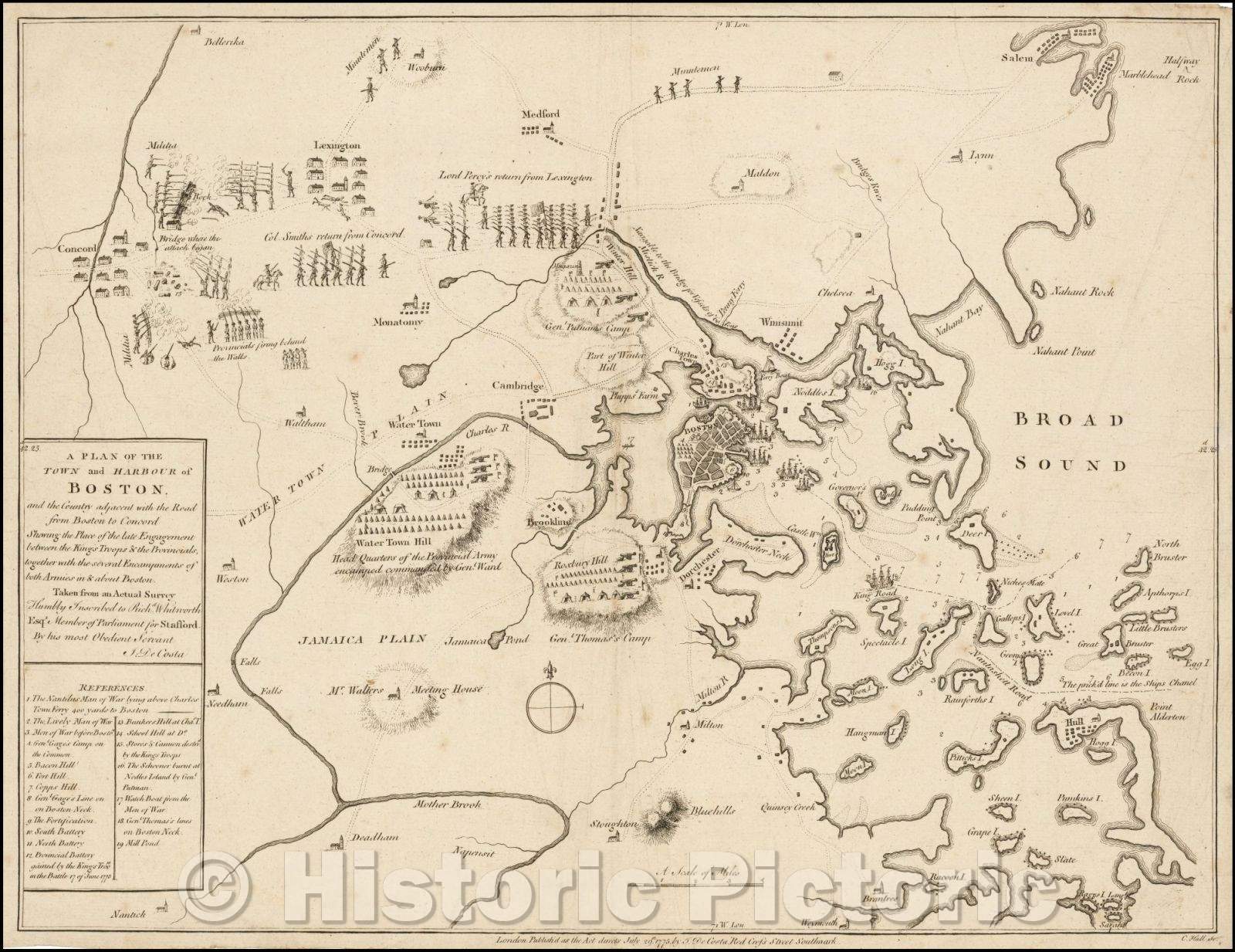 Historic Map - A plan of the town and harbour of Boston and the country adjacent with the road from Boston to Concord, 1775, J. De Costa - Vintage Wall Art