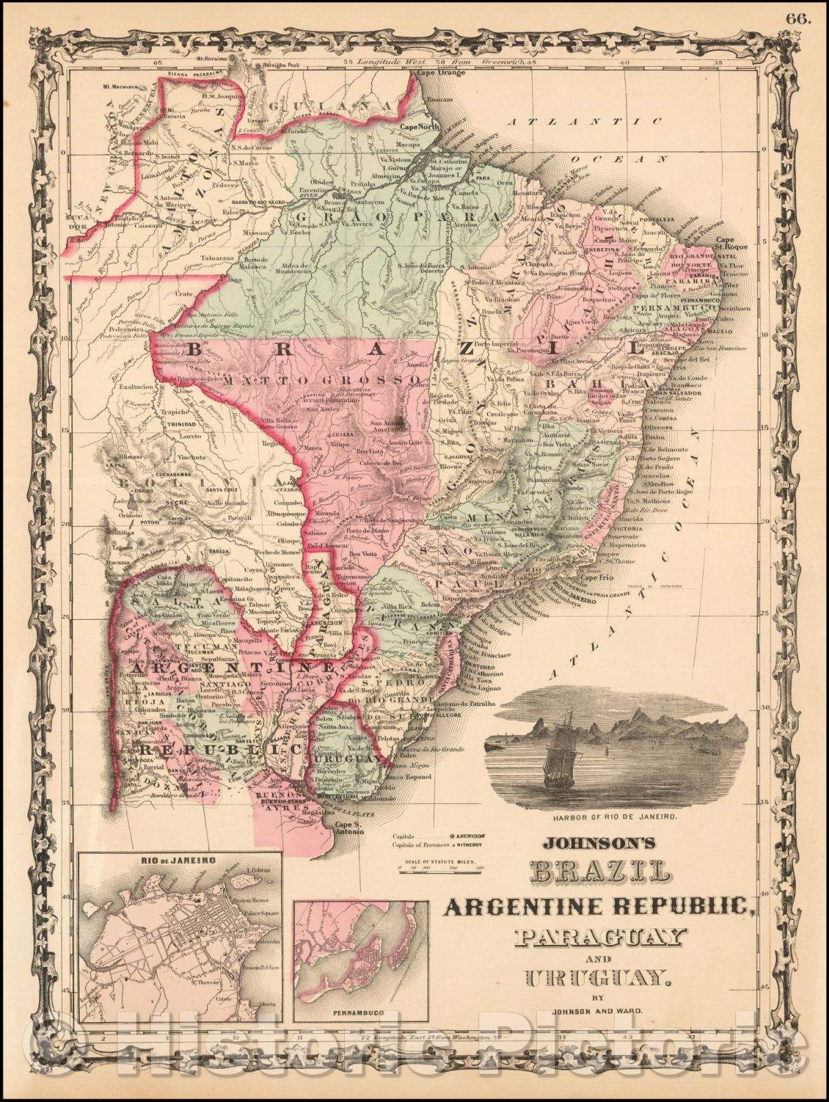 Historic Map - Johnson's Brazil, Argentine Republic, Paraguay and Uruguay, 1862, Benjamin P Ward - Vintage Wall Art