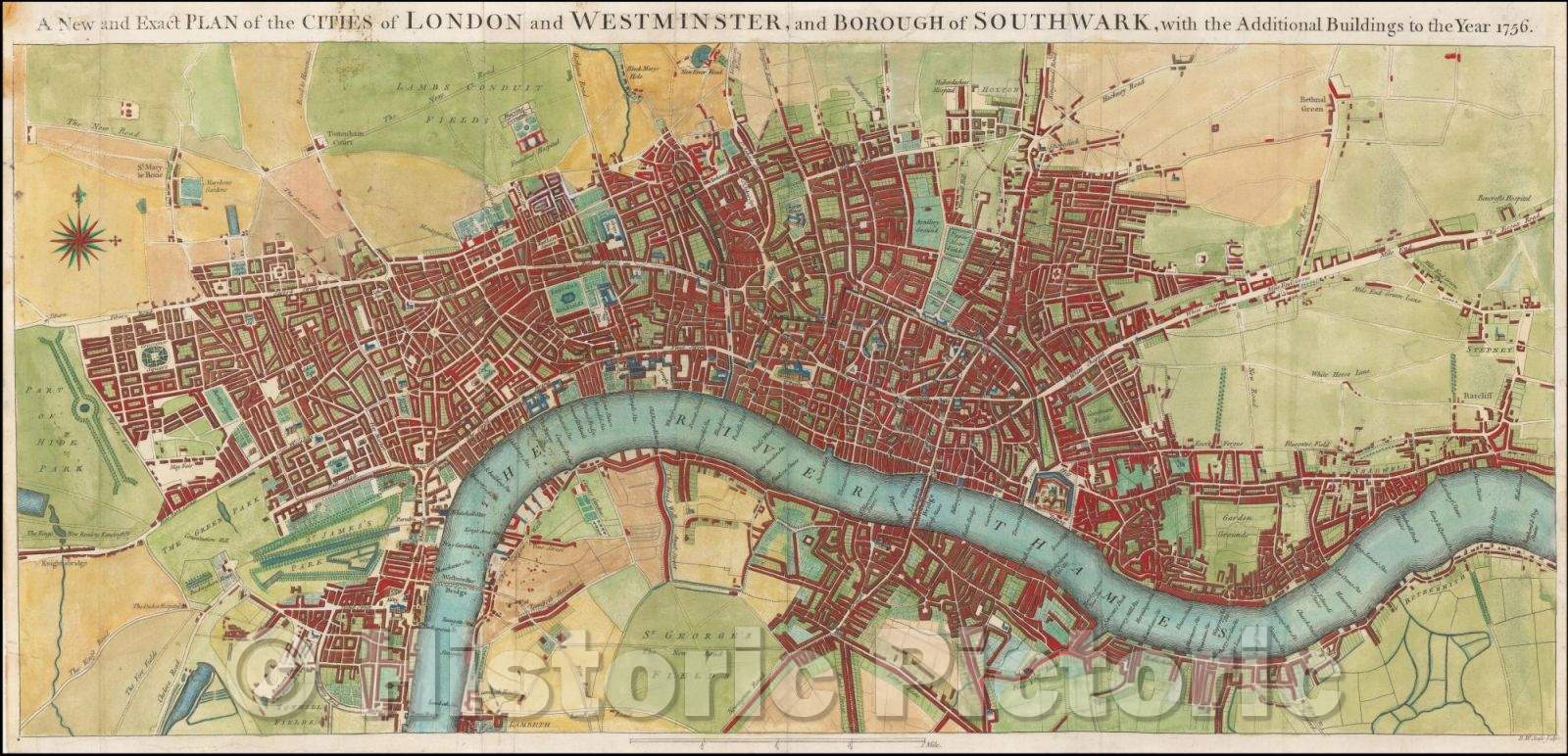 Historic Map - A New and Exact Plan of the Cities of London and Westminster and Borough of Southwark with the Additional Buildings to the Year 1756, 1756 - Vintage Wall Art