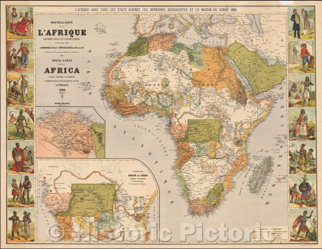 Historic Map - (Free Congo State) Nouvelle Carte de L'Afrique Contenant Toutes Les Stations/Africa, Guinea, Congo, Cape Colony, Madagascar, Zululand, - Vintage Wall Art