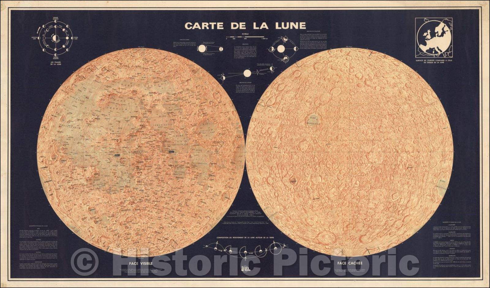 Historic Map - (Moon) Carte de la Lune :: French of the Moon,first manned lunar landings by Appolo 11 and Appolo 12,number of models of Lunar phenomenon, 1970 - Vintage Wall Art