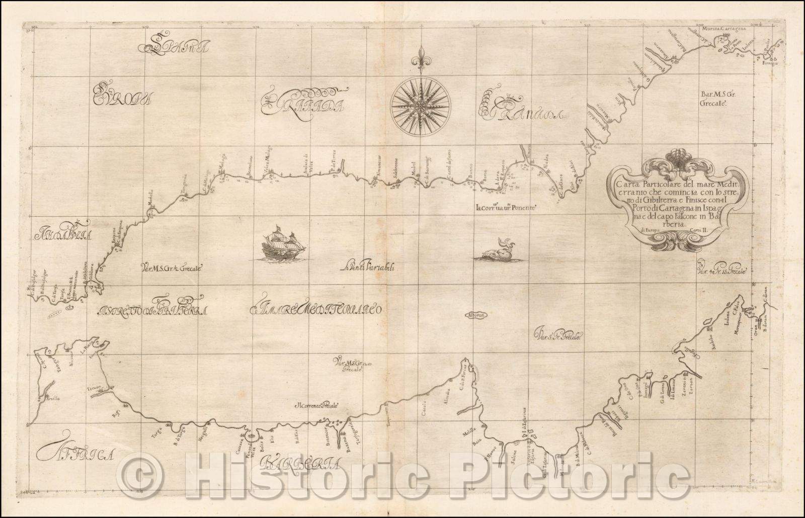 Historic Map - Carta Particolare del Mare Mediterranio che Comincia con lo Stretto di Gibi :: Sea Chart, straits of Gibralter, coast of Spain, North Africa, 1646 - Vintage Wall Art