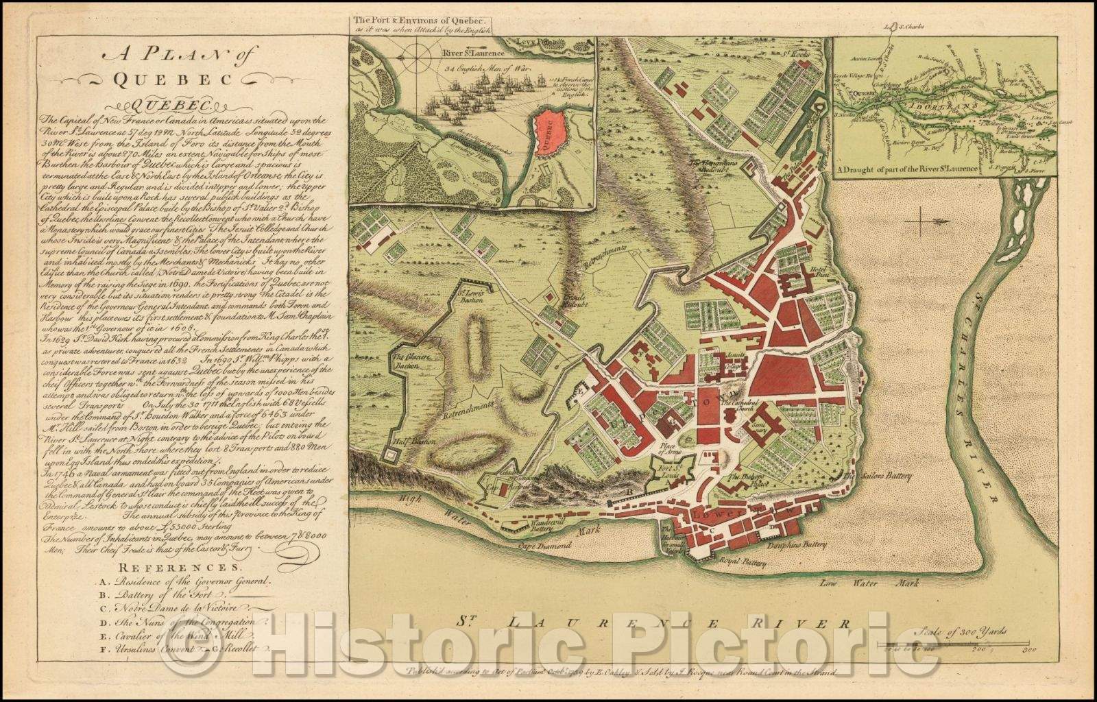 Historic Map - A Plan of Quebec. The Capital of New France or Canada in the Americas, 1759, John Rocque - Vintage Wall Art