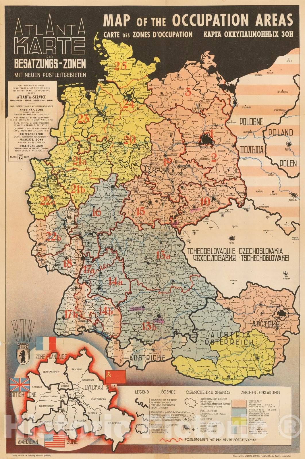 Historic Map - of the Occupation Areas :: depicts Germany and Central Europe in the immediate wake of World War II, Potsdam Conference,Berlin, 1945, 1945 - Vintage Wall Art