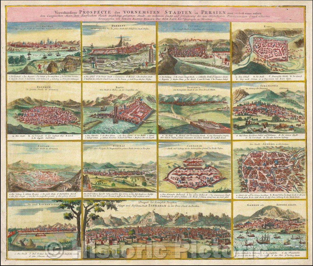 Historic Map - Persia: Astrachan, Gerbent, Teflis, Kars, Erzerum, Baccu, Sult :: [Cities of Persia: Astrakhan, Gerbent, Teflis, Kars, Erzurum, Baccu, Sultan, 1724 - Vintage Wall Art