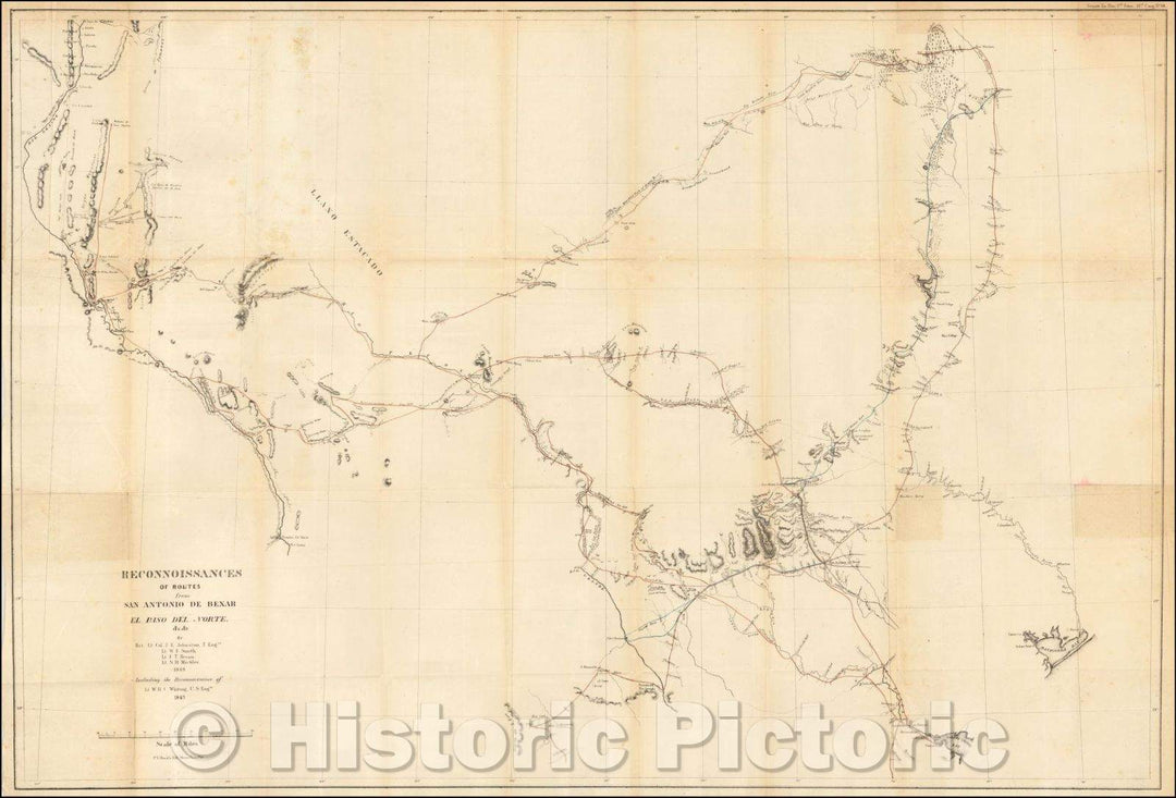 Historic Map - Reconnoissances of Routes from San Antonio De Bexar, El Paso Del Norte, 1849, U.S. Army Corps of Topographical Engineer - Vintage Wall Art