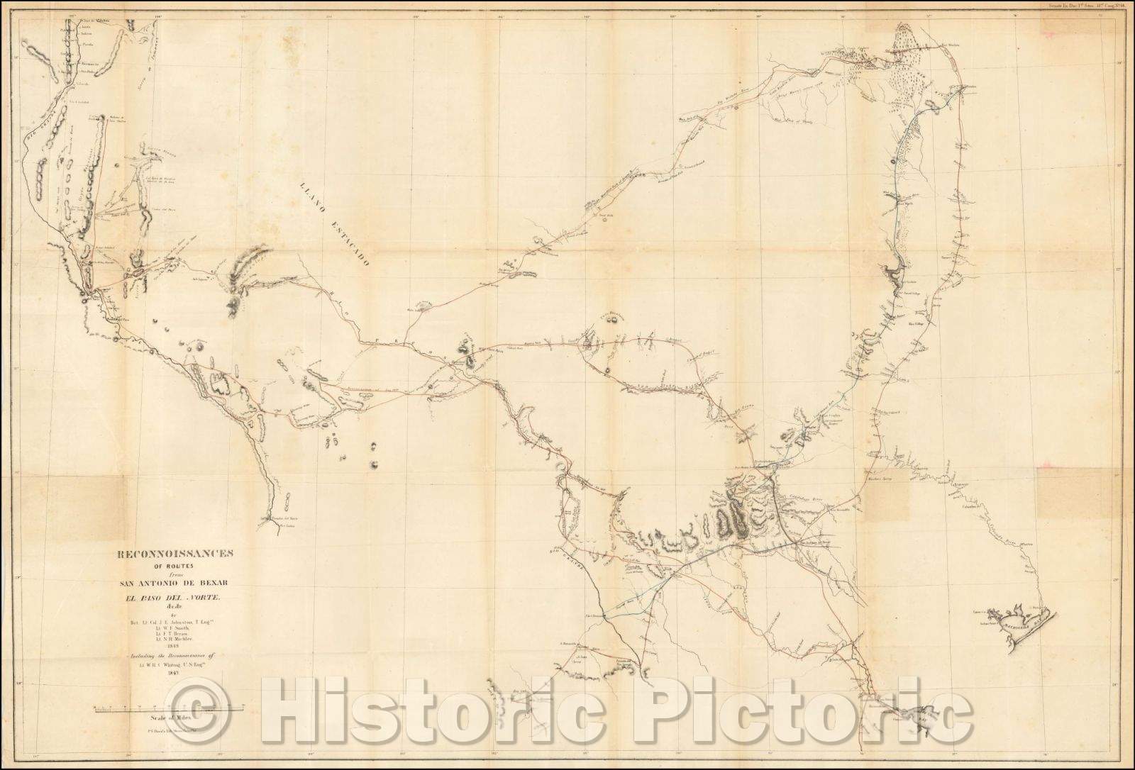 Historic Map - Reconnoissances of Routes from San Antonio De Bexar, El Paso Del Norte, 1849, U.S. Army Corps of Topographical Engineer - Vintage Wall Art