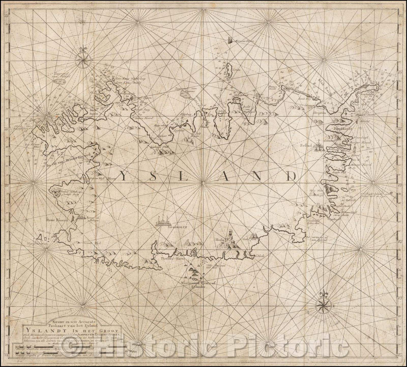 Historic Map - Nieuwe en seer Accurate Paskaart van het Eyland Yslandt In het Groot/Chart of Iceland, from Van Keulen's secret atlas, 1750 - Vintage Wall Art