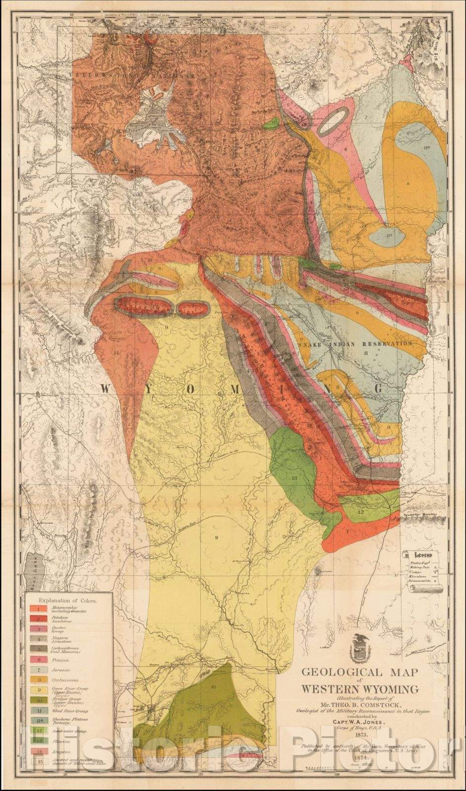 Historic Map - Geological Map of Western Wyoming illustrating the Report of Mr. Theo. B. Comstock, Geologist of the Military Reconnaissance in that Region, 1874 - Vintage Wall Art