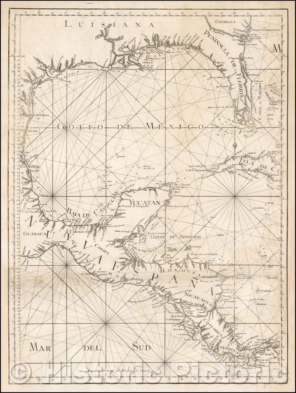 Historic Map - Mapa maritimo del Golfo de Mexico e islas de la America :: Spanish Sea Chart of Florida, Louisiana, Gulf Coast, Texas and Caribbean, 1755 - Vintage Wall Art