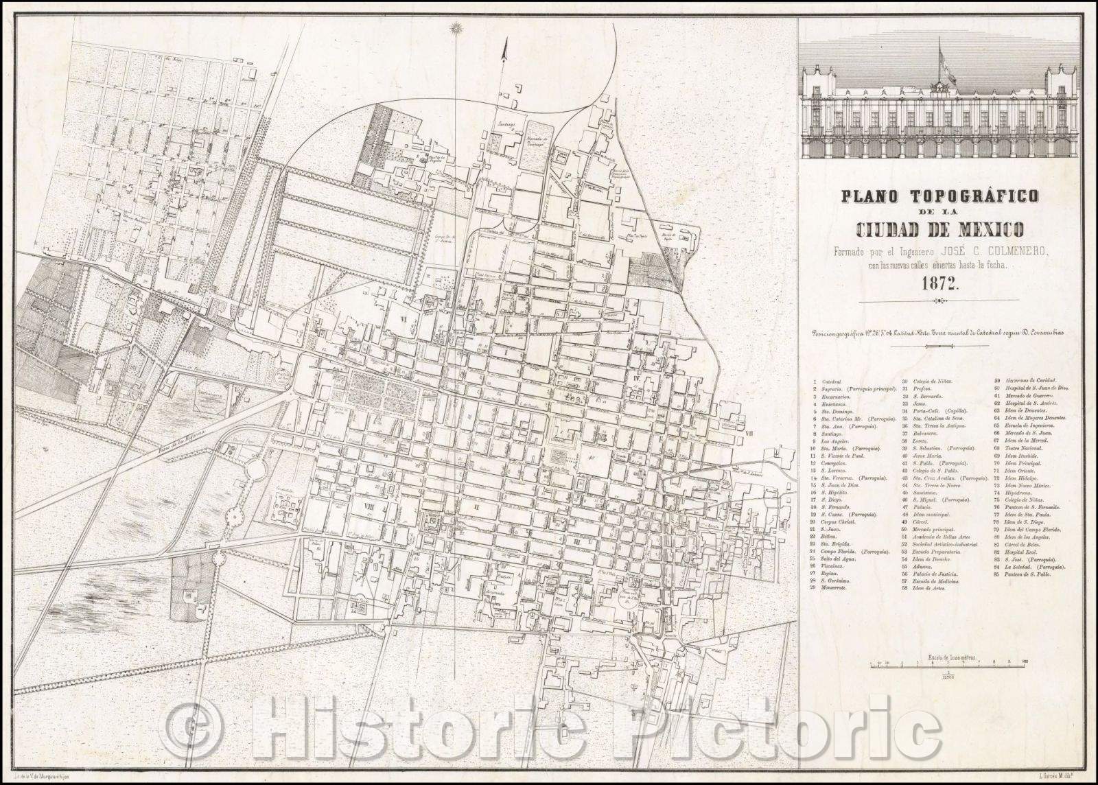 Historic Map - Plano Topogr?ico de la Ciudad de M?ico Fromado por el Ingeniero/Map of Mexico City, V. de Murguia e hijos in Mexico City, 1872 - Vintage Wall Art