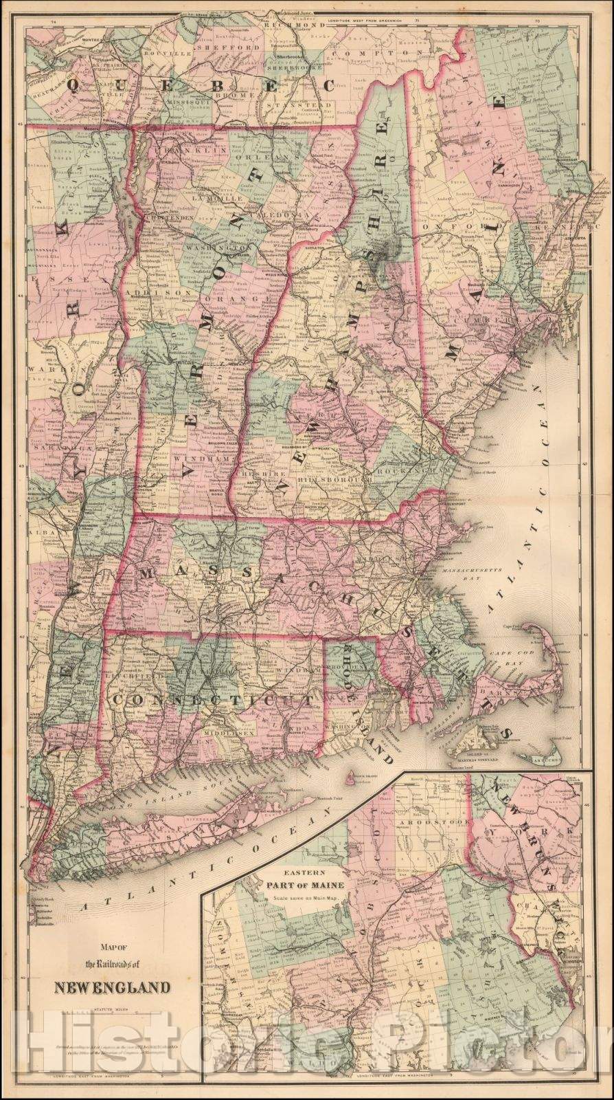 Historic Map - Map of the Railroads of New England, 1875, G.W. & C.B. Colton - Vintage Wall Art