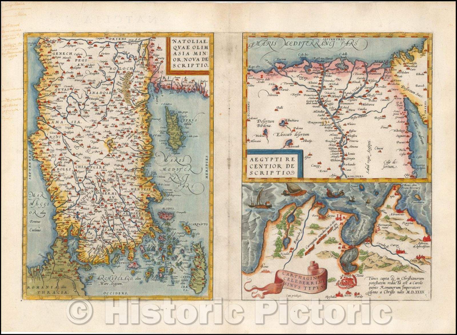 Historic Map - Natoliae Quae Olim Asia Minor Nova Descriptio with Aegypti Recentior Descriptio with Carthageinis Celeberrimi Sinus Typus shows Cyprus, 1574 - Vintage Wall Art