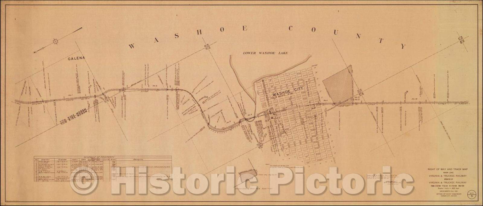 Historic Map - Washoe City, Right of Way and Track Map Main Line Virginia & Truckee Railway, 1916, Virginia & Truckee Railway - Vintage Wall Art